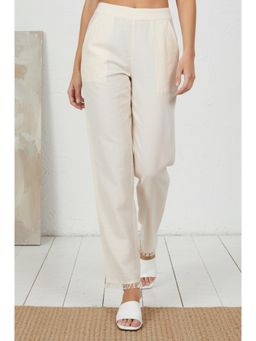 W - Womens Off White Solid Ankle Length Mid Rise Straight Pant