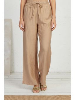 W - Womens Gold Solid Rayon Relaxed Fit Mid Rise Flared Pant