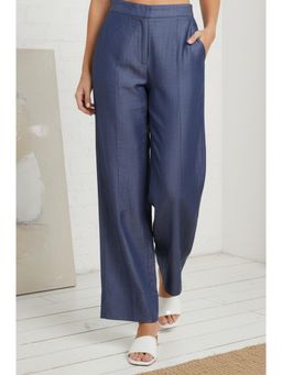 W - Womens Blue Solid Tencel Relaxed Fit Ankle Length High Rise Pant
