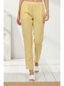 W - Womens Yellow Solid Pure Cotton Ankle Length Mid Rise Straight Pant