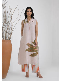 Suramya - Breeze Off White with Green Stripes Embroidered Aari Kurta with Pant (Set of 2)