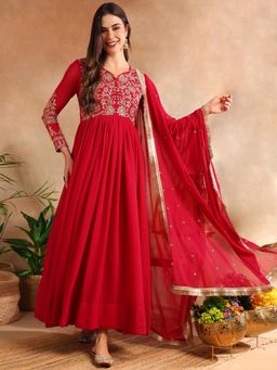 Vaamsi - Women Red Georgette Embroidered Anarkali Gown with Dupatta (Set of 2)