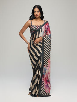 Gajra Gang - Black Crepe Floral Stripe Saree with Unstitched Blouse Chalk & Slate