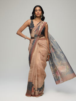 Gajra Gang - Black Poly Silk Floral Print Saree with Unstitched Blouse Fabric Chalk & Slate