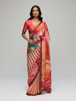 Gajra Gang - Rust Satin Tie Dye Saree with Unstitched Blouse Boho Naari