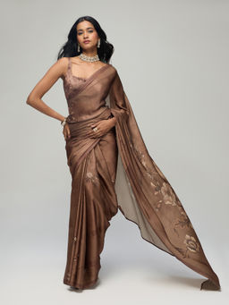 Gajra Gang - Brown Crepe Floral Saree with Unstitched Blouse Boho Naari