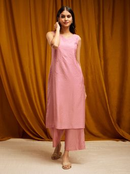 Pink Fort - Sleeveless Gold Foil Print Straight Kurta with Palazzo- Pink (Set of 2)