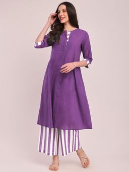 Pink Fort - Cotton Solid Kurta with Striped Pant - Purple (Set of 2)