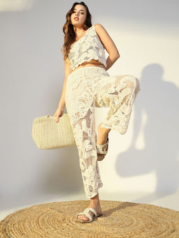 SHOWOFFFF - Women Cream Embroidered Crochet Co-Ord (Set of 2)