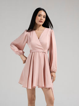 Twenty Dresses by Nykaa Fashion - Pink V Neck Bishop Sleeves Mini Wrap Dress