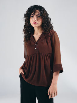 Twenty Dresses by Nykaa Fashion - Brown Three Fourth Sleeves Gathered Top with Slip