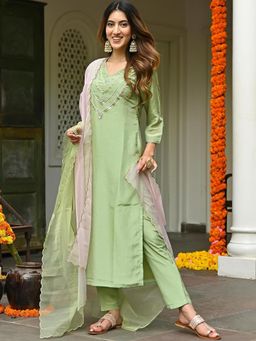 Lavanya The Label - Green Embroidered Kurta (Set of 3)