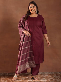 Extra love by Libas - Maroon Solid Cotton Blend Straight Kurta Sets for Women