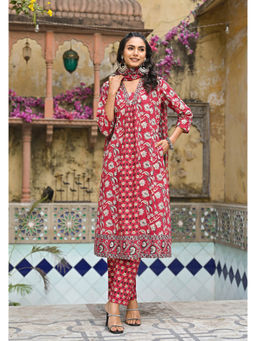 Autumnlane - Red Cotton V-Neck Kurta with Pant and Dupatta (Set of 3)