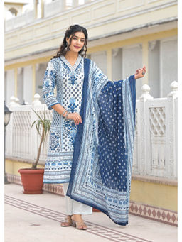 Autumnlane - Blue Cotton V-Neck Kurta with Pant and Dupatta (Set of 3)