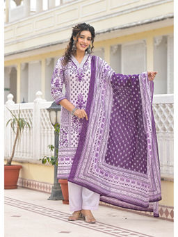 Autumnlane - Purple Cotton V-Neck Kurta with Pant and Dupatta (Set of 3)