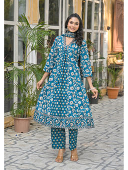 Autumnlane - Blue Cotton V-Neck Kurta with Pant and Dupatta (Set of 3)