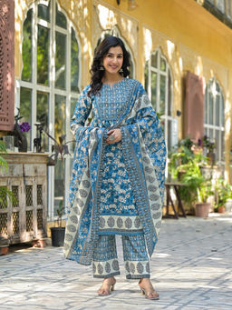 Autumnlane - Blue Cotton Round Neck Kurta with Pant and Dupatta (Set of 3)