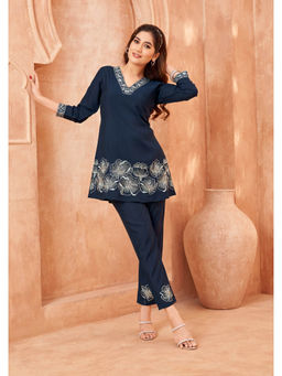 Autumnlane - Blue Viscose V-Neck Tunic with Pant (Set of 2)