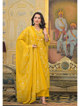 Autumnlane - Yellow Cotton V-Neck Kurta with Pant and Dupatta (Set of 3)