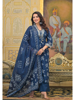 Autumnlane - Blue Cotton V-Neck Kurta with Pant and Dupatta (Set of 3)