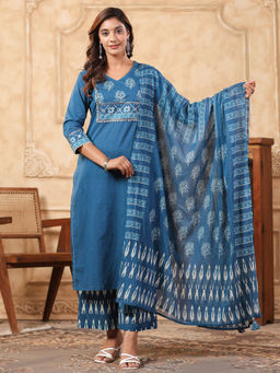 Autumnlane - Blue Cotton V-Neck Kurta with Pant and Dupatta (Set of 3)