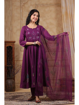 Autumnlane - Purple Cotton Round Neck Kurta with Pant and Dupatta (Set of 3)