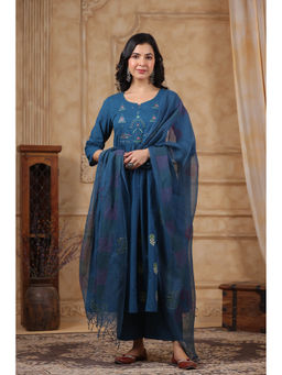 Autumnlane - Teal Cotton Round Neck Kurta with Pant and Dupatta (Set of 3)