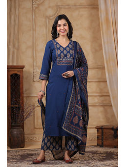 Autumnlane - Blue Cotton V-Neck Kurta with Pant and Dupatta (Set of 3)