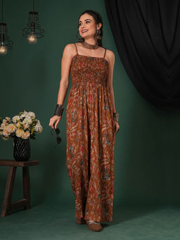 Globus - Brown Rayon Slub Shoulder Straps Jumpsuit