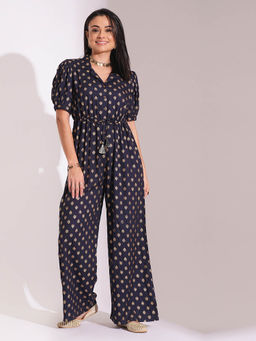Globus - Blue Viscose Notched Lapel Jumpsuit
