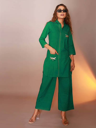 Green Cotton Collar Neck Tunic with Pant (Set of 2)