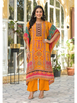 Autumnlane - Yellow Muslin Round Neck Kaftan with Pant (Set of 2)