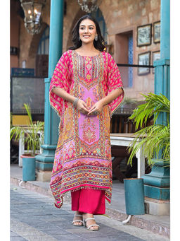 Autumnlane - Pink Muslin Round Neck Kaftan with Pant (Set of 2)