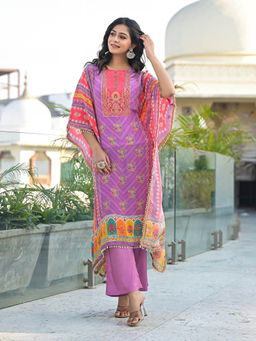 Autumnlane - Purple Muslin Round Neck Kaftan with Pant (Set of 2)