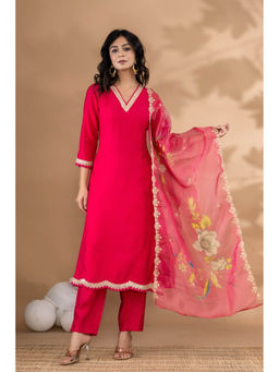 Autumnlane - Pink Cotton V-Neck Kurta with Pant and Dupatta (Set of 3)