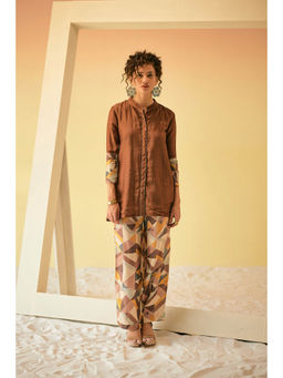 Suramya - Brown Silk Collar Neck Tunic with Pant (Set of 2)