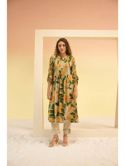 Suramya - Yellow Silk Round Neck Kurta with Pant (Set of 2)