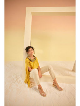 Suramya - Yellow Silk Cowl Neck Top with Pant (Set of 2)
