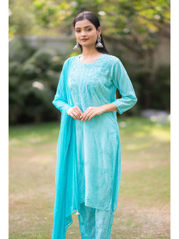 RANGREZA ETHNIC - Blue Chanderi Round Neck Kurta with Pant and Dupatta (Set of 3)