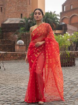 Beatitude - Red Resham Cotton Jacquard Jamdani Saree Without Blouse