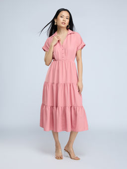 Twenty Dresses by Nykaa Fashion - Pink Collared Tiered Half Sleeves Maxi Dress