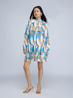 Twenty Dresses by Nykaa Fashion - Blue Printed Smocked High Neck Drop Waist Tiered Mini Dress