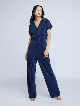 Twenty Dresses by Nykaa Fashion - Navy Blue V Neck Top and Relaxed Fit Pants Co Ord Set