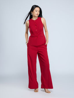 Twenty Dresses by Nykaa Fashion - Red Round Neck Top High Waist Pants Co Ord Set