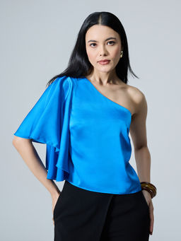 Twenty Dresses by Nykaa Fashion - Blue One Shoulder Flared Bell Sleeves Top
