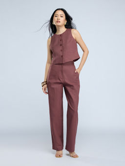 Twenty Dresses by Nykaa Fashion - Brown Sleeveless Crop Top High Waist Straight Trousers Co Ord Set