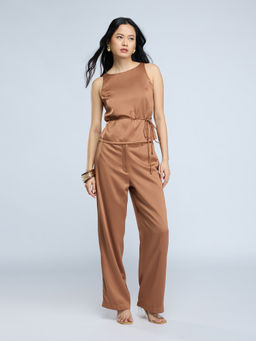 Twenty Dresses by Nykaa Fashion - Brown Solid Peplum Top High Waist Pants Co Ord Set