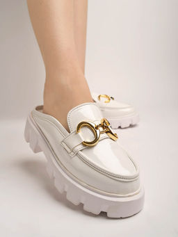 Shoetopia - Front Buckle Detailed White Loafers for Women