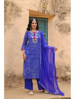 Scakhi - Blue Leheriya Georgette Mirror Embroidered Kurta with Pant and Dupatta
